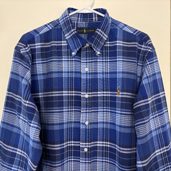 Ralph Lauren Polo Men's Classic Blue Plaid Button-Down Oxford Shirt XL Logo - Picture 2 of 10